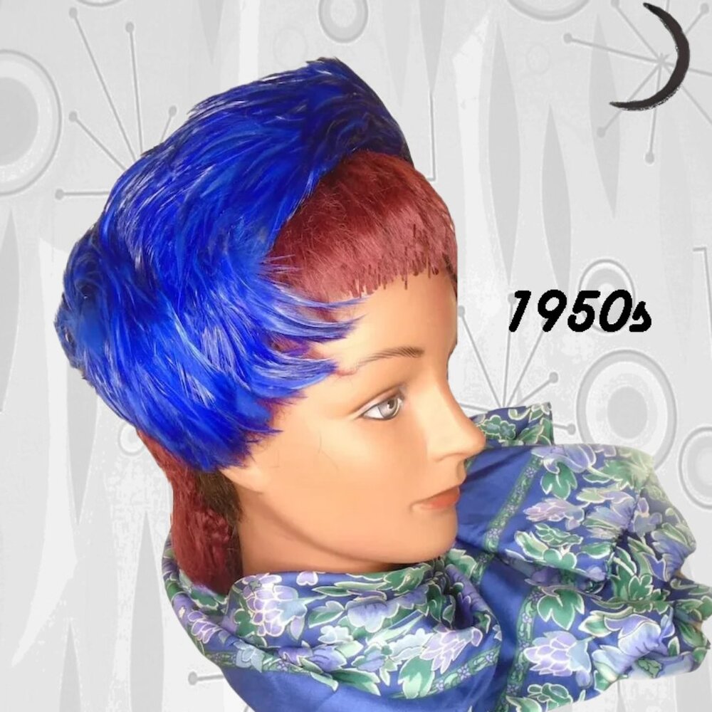 Vintage Cocktail Hat + HATBOX Feather Casque Vibrant Blue Feathers - 50s